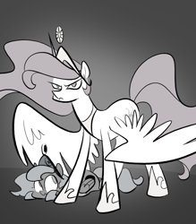 Size: 666x761 | Tagged: safe, artist:egophiliac, character:princess celestia, character:princess luna, species:alicorn, species:pony, moonstuck, big damn heroes, big sister instinct, cartographer's element of courage, celestia is not amused, crowning moment of awesome, element of harmony, female, filly, mare, monochrome, neo noir, now you fucked up, partial color, pink-mane celestia, this will end in pain, tumblr, woona, younger