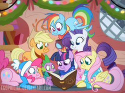 Size: 1190x887 | Tagged: safe, artist:egophiliac, character:applejack, character:fluttershy, character:pinkie pie, character:rainbow dash, character:rarity, character:spike, character:twilight sparkle, christmas, clothing, hat, hearth's warming, mane seven, mane six, scarf, winter