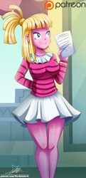 Size: 1243x2566 | Tagged: safe, artist:the-butch-x, character:bleeding heart, episode:the saddle row review, g4, my little pony: friendship is magic, my little pony:equestria girls, canterlot high, clothing, commission, cute, dress, equestria girls-ified, female, legs, paper, patreon, patreon logo, ponytail, preview, skirt, solo, standing, striped shirt