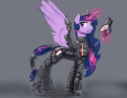 Size: 1280x989 | Tagged: safe, artist:silfoe, character:twilight sparkle, character:twilight sparkle (alicorn), species:alicorn, species:pony, armor, crossover, female, glowing horn, gray background, gun, levitation, magic, mare, mass effect, n7, n7 armor, serious, serious face, simple background, solo, telekinesis, video game, warrior twilight sparkle, weapon