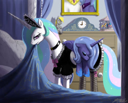 Size: 1500x1212 | Tagged: safe, artist:johnjoseco, character:derpy hooves, character:princess celestia, character:princess luna, species:alicorn, species:pony, g4, bed, carrying, clock, clothing, female, fishnets, french maid, maid, maidlestia, mare, mouth hold, painting, photoshop, plushie, s1 luna, toy
