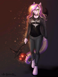 Size: 3000x4000 | Tagged: safe, artist:askbubblelee, oc, oc only, oc:proud ametrine, species:anthro, species:crystal pony, species:pony, species:unguligrade anthro, anthro oc, clothing, commission, female, jacket, judas priest, looking at you, mare, multicolored hair, pants, serious, serious face, shirt, weapon