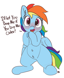 Size: 1280x1544 | Tagged: dead source, safe, artist:pabbley, character:rainbow dash, species:pegasus, species:pony, 30 minute art challenge, belly button, bipedal, blushing, boop, bribery, bronybait, cider dash, cute, dashabetes, female, frog (hoof), imminent boop, simple background, solo, speech, that pony sure does love cider, underhoof, white background