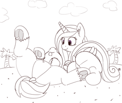 Size: 1280x1074 | Tagged: safe, artist:pabbley, character:princess cadance, character:shining armor, species:alicorn, species:pony, species:unicorn, 30 minute art challenge, beach, belly button, cute, dock, featureless crotch, frog (hoof), hoofbutt, lineart, on back, partial color, tongue out, underhoof