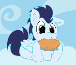 Size: 1280x1095 | Tagged: safe, artist:pabbley, artist:php47, edit, character:soarin', species:pegasus, species:pony, g4, colored, cute, eating, floppy ears, food, male, nom, pie, simple background, solo, stallion, that pony sure does love pies