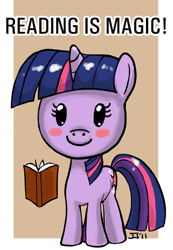 Size: 500x721 | Tagged: safe, artist:johnjoseco, character:twilight sparkle, character:twilight sparkle (unicorn), species:pony, species:unicorn, g4, blushing, book, bookhorse, chibi, cute, female, filly, filly twilight sparkle, photoshop, read, reading, reading is magic, solo, that pony sure does love books