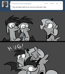 Size: 666x761 | Tagged: safe, artist:egophiliac, character:princess luna, oc, oc:frolicsome meadowlark, oc:sunshine smiles (egophiliac), species:bat pony, species:pony, moonstuck, ask, cartographer's element of courage, filly, grayscale, hug, monochrome, tumblr, wavy mouth, woona, younger