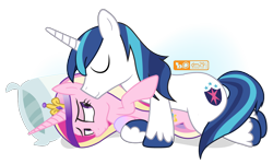 Size: 1200x720 | Tagged: safe, artist:dm29, character:princess cadance, character:shining armor, ship:shiningcadance, female, male, patreon, patreon logo, shipping, simple background, snuggling, straight, transparent background, unshorn fetlocks