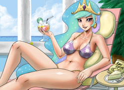 Size: 1000x727 | Tagged: safe, artist:johnjoseco, character:princess celestia, species:human, art pack:my little sweetheart, armpits, beautiful, belly button, bikini, breasts, busty princess celestia, cake, clothing, curvy, deck chair, female, food, humanized, jeweled swimsuit, legs, my little sweetheart, praise the sun, princess, purple swimsuit, sexy, sitting, solo, stupid sexy celestia, swimsuit