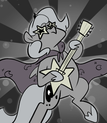 Size: 666x761 | Tagged: safe, artist:egophiliac, character:princess luna, species:alicorn, species:pony, moonstuck, ask, awesome, brodyquest, cape, clothing, crowning moment of awesome, electric guitar, epic, female, filly, flying, guitar, like a boss, looking up, marauder's mantle, monochrome, neo noir, partial color, solo, space, spread wings, stars, sunglasses, tumblr, wings, woona, younger