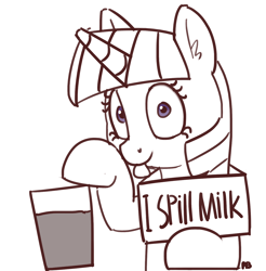Size: 1280x1300 | Tagged: safe, artist:pabbley, character:twilight sparkle, species:pony, species:unicorn, chocolate, chocolate milk, everything is ruined, exploitable meme, female, meme, milk, partial color, pony shaming, pure unfiltered evil, shaming, simple background, solo, spilled milk, this will end in spilled milk, this will end in tears, tongue out, white background