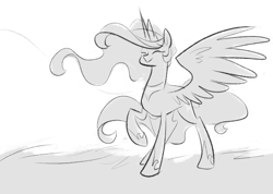 Size: 1280x913 | Tagged: safe, artist:egophiliac, character:princess celestia, species:alicorn, species:pony, moonstuck, ask, cute, cutelestia, eyes closed, female, grayscale, happy, mare, monochrome, raised hoof, simple background, sketch, smiling, solo, spread wings, tumblr, white background, wings