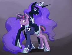 Size: 3300x2550 | Tagged: safe, artist:silfoe, character:nightmare moon, character:princess luna, character:twilight sparkle, character:twilight sparkle (unicorn), species:alicorn, species:pony, species:unicorn, ship:twimoon, alternate hairstyle, alternate timeline, alternate universe, clothing, crown, ethereal mane, fangs, female, galaxy mane, jewelry, lesbian, moonsetmlp, night maid twilight, nightmare takeover timeline, regalia, shipping, short tail, slit eyes, uniform