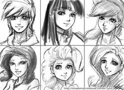 Size: 1000x727 | Tagged: safe, artist:johnjoseco, character:applejack, character:fluttershy, character:pinkie pie, character:rainbow dash, character:rarity, character:twilight sparkle, species:human, female, grayscale, humanized, mane six, monochrome