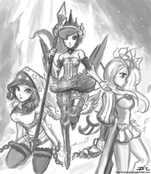 Size: 1280x1477 | Tagged: safe, artist:johnjoseco, character:fluttershy, character:princess luna, character:rarity, species:human, chains, clothing, crossover, female, grayscale, humanized, kneeling, monochrome, odin sphere, skirt
