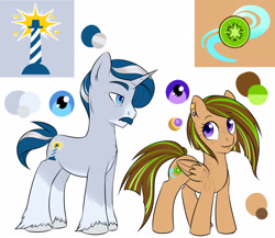 Size: 2303x2000 | Tagged: safe, artist:askbubblelee, oc, oc only, oc:kiwi breeze, oc:silver lining, species:pegasus, species:pony, species:unicorn, body freckles, colored pupils, cutie mark, ear piercing, earring, facial hair, female, freckles, husband and wife, jewelry, kiwing, male, mare, married couple, moustache, oc x oc, piercing, reference sheet, shipping, simple background, socks (coat marking), stallion, straight, unshorn fetlocks, white background