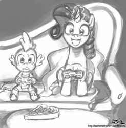 Size: 837x850 | Tagged: safe, artist:johnjoseco, character:rarity, character:spike, species:dragon, species:pony, species:unicorn, ship:sparity, controller, fainting couch, female, grayscale, male, mare, monochrome, playing video games, rarigamer, shipping, sitting, straight, unicorn master race, video game