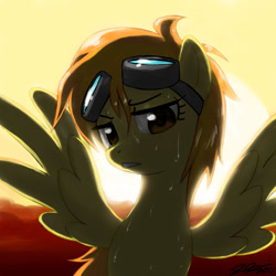 Size: 900x900 | Tagged: safe, artist:johnjoseco, character:spitfire, species:pegasus, species:pony, backlighting, female, goggles, looking at you, mare, photoshop, solo, sweat