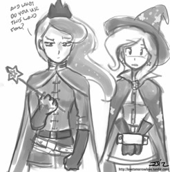 Size: 837x850 | Tagged: safe, artist:johnjoseco, character:princess luna, character:trixie, species:human, cape, clothing, duo, duo female, female, grayscale, humanized, manacles, military uniform, monochrome, uniform, wand, warrior luna