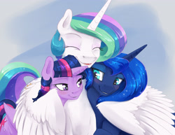 Size: 3300x2550 | Tagged: safe, artist:silfoe, character:princess celestia, character:princess luna, character:twilight sparkle, character:twilight sparkle (alicorn), species:alicorn, species:pony, ship:twiluna, bedroom eyes, blushing, cute, cutelestia, eyes closed, female, hug, lesbian, lidded eyes, looking at each other, missing accessory, royal sisters, shipping, smiling, trio, winghug