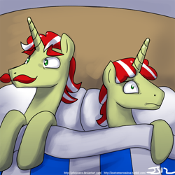 Size: 900x900 | Tagged: safe, artist:johnjoseco, character:flam, character:flim, species:pony, species:unicorn, bed, duo, duo male, implied incest, male, morning ponies, now you fucked up, pillow, stallion