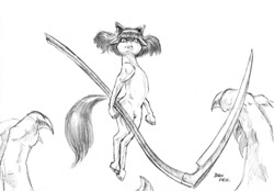 Size: 1500x1045 | Tagged: safe, artist:baron engel, character:apple bloom, species:earth pony, species:pony, bow, female, filly, floating, grayscale, hair bow, looking at you, monochrome, now you fucked up, pencil drawing, scythe, semi-anthro, serious, serious face, simple background, sketch, story in the source, traditional art, white background