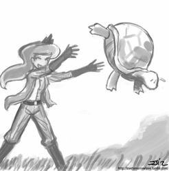 Size: 837x850 | Tagged: safe, artist:johnjoseco, character:princess luna, species:human, female, grayscale, humanized, monochrome, throwing, turtle
