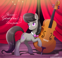 Size: 1871x1742 | Tagged: safe, artist:the-butch-x, character:octavia melody, species:earth pony, species:pony, bow tie, cello, curtains, dialogue, female, mare, musical instrument, octavia is not amused, signature, solo, stage, unamused