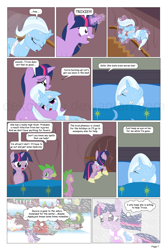 Size: 864x1296 | Tagged: safe, artist:dekomaru, character:spike, character:trixie, character:twilight sparkle, species:dragon, species:pony, comic:the greatest gift, artifact, bed, clothing, comic, grimdark series, magic, scarf, snow, stairs, suggestive series, winter