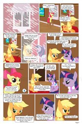 Size: 864x1296 | Tagged: safe, artist:dekomaru, character:apple bloom, character:applejack, character:twilight sparkle, comic:the greatest gift, artifact, clothing, comic, grimdark series, saddle, scarf, snow, suggestive series