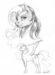 Size: 1100x1502 | Tagged: safe, artist:baron engel, species:pegasus, species:pony, g3, black and white, female, g3 to g4, generation leap, grayscale, looking at you, mare, monochrome, pencil drawing, profile, signature, silver glow, simple background, sketch, smiling, solo, spread wings, three quarter view, traditional art, white background, wings