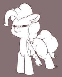 Size: 1280x1586 | Tagged: safe, artist:pabbley, character:pinkie pie, species:pony, female, knife, knife cat, meme, monochrome, offscreen character, ponified animal photo, simple background, solo, squint