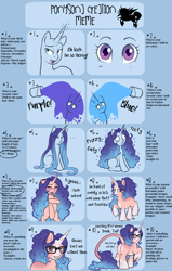 Size: 1400x2200 | Tagged: safe, artist:askbubblelee, oc, oc only, oc:lollipop, ponysona, species:pony, species:unicorn, ..., bipedal, covering, creation, cute, dialogue, embarrassed, eyes closed, female, glasses, gradient hair, long tail, looking back, mare, meme, monochrome, ocbetes, paint, raised hoof, shy, sitting, smiling, solo, unshorn fetlocks