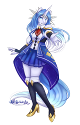 Size: 2494x3887 | Tagged: safe, artist:askbubblelee, oc, oc only, oc:luminous rift, species:anthro, species:plantigrade anthro, species:pony, species:unicorn, anthro oc, clothing, commission, dress, female, gradient hair, high heels, looking at you, mare, reaching out, simple background, smiling, solo, standing, transparent background