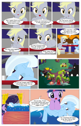 Size: 792x1224 | Tagged: safe, artist:dekomaru, character:derpy hooves, character:trixie, character:twilight sparkle, species:pony, comic:the greatest gift, ship:twixie, bed, comic, female, golden oaks library, grimdark series, lesbian, sad, shipping, suggestive series