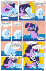 Size: 792x1224 | Tagged: safe, artist:dekomaru, character:trixie, character:twilight sparkle, oc, oc:honey cluster, species:pegasus, species:pony, comic:the greatest gift, ship:twixie, against glass, anticlimax, bed, behaving like a bird, comic, female, glass, glasses, grimdark series, lesbian, mare, mood whiplash, shipping, suggestive series