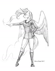 Size: 1100x1411 | Tagged: safe, artist:baron engel, character:princess celestia, species:alicorn, species:anthro, species:pony, species:unguligrade anthro, breasts, busty princess celestia, clothing, crossover, female, mare, monochrome, pencil drawing, simple background, sketch, smiling, solo, star trek, traditional art, white background