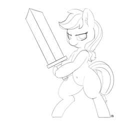 Size: 1280x1245 | Tagged: safe, artist:pabbley, character:applejack, species:earth pony, species:pony, 30 minute art challenge, belly button, bipedal, female, hoof hold, lidded eyes, looking at you, missing accessory, monochrome, sketch, smiling, smirk, solo, sword, weapon