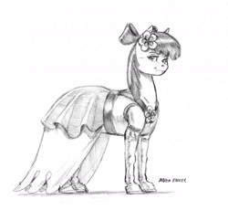 Size: 1400x1287 | Tagged: safe, artist:baron engel, character:apple bloom, species:earth pony, species:pony, bow, clothing, dress, female, filly, grayscale, hair bow, looking at you, monochrome, pencil drawing, simple background, sketch, smiling, solo, traditional art, white background