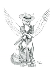 Size: 1100x1456 | Tagged: safe, artist:baron engel, character:scootaloo, species:anthro, species:pegasus, species:pony, species:unguligrade anthro, clothing, female, grayscale, gun, hat, monochrome, pencil drawing, scooter, signature, simple background, solo, traditional art, weapon, western, white background