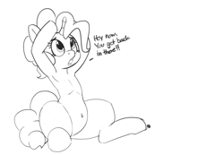 Size: 1280x885 | Tagged: safe, artist:pabbley, character:pinkie pie, species:pony, species:unicorn, 30 minute art challenge, armpits, belly button, cute, diapinkes, female, monochrome, solo, this explains everything, unicorn pinkie pie