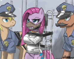 Size: 1000x800 | Tagged: safe, artist:johnjoseco, character:pinkamena diane pie, character:pinkie pie, species:earth pony, species:pony, g4, bondage, crossover, female, hannibal lecter, male, mare, muzzle, parody, photoshop, police, silence of the lambs, stallion, straitjacket, unsexy bondage