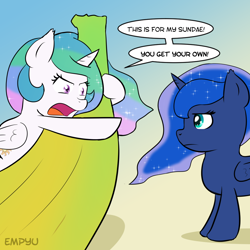 Size: 1000x1000 | Tagged: safe, artist:empyu, character:princess celestia, character:princess luna, species:alicorn, species:pony, banana, bananalestia, dialogue, duo, food, frown, royal sisters, unamused, younger