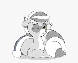 Size: 1280x1029 | Tagged: safe, artist:pabbley, oc, oc only, oc:bandy cyoot, blanket, cute, one eye closed, question mark, raccoon pony, simple background, solo