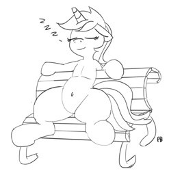 Size: 1280x1294 | Tagged: safe, artist:pabbley, character:lyra heartstrings, species:pony, species:unicorn, belly button, bench, female, meme, monochrome, simple background, sitting, sitting lyra, sleeping, solo, white background, zzz