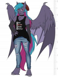 Size: 675x897 | Tagged: safe, artist:askbubblelee, oc, oc only, oc:night owl, species:anthro, species:bat pony, species:pegasus, species:pony, species:unguligrade anthro, anthro oc, beanie, big wings, chest fluff, choker, clothing, ear piercing, fangs, female, hand on hip, hat, hybrid, looking at you, mare, pants, piercing, slit eyes, solo, unshorn fetlocks, wings