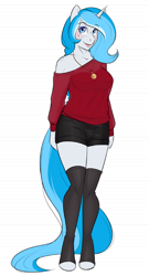 Size: 462x853 | Tagged: safe, artist:askbubblelee, oc, oc only, oc:bubble lee, oc:imago, species:anthro, species:pony, species:unguligrade anthro, species:unicorn, anthro oc, big breasts, breasts, clothing, curvy, cute, female, freckles, hourglass figure, looking at you, mare, off shoulder, shorts, shoulder freckles, simple background, smiling, solo