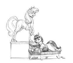 Size: 1400x1204 | Tagged: safe, artist:baron engel, oc, oc only, oc:marble vein, species:earth pony, species:pony, species:unicorn, book, clothing, couch, female, mare, monochrome, pencil drawing, prone, reading, simple background, sketch, smiling, solo, statue, traditional art, vest, white background