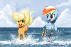 Size: 1800x1194 | Tagged: safe, artist:johnjoseco, character:applejack, character:rainbow dash, species:earth pony, species:pegasus, species:pony, g4, female, happy, mare, ocean, photoshop, water