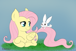 Size: 1000x667 | Tagged: safe, artist:empyu, character:angel bunny, character:fluttershy, species:pegasus, species:pony, species:rabbit, cute, duo, female, folded wings, looking at each other, looking back, mare, shyabetes, simple background, smiling